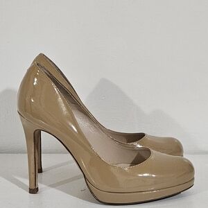 LK Bennett Sledge nude patent leather shoes with hidden platform stiletto heel